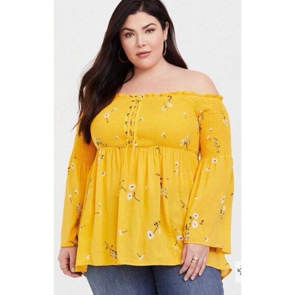 Torrid Tops - Torrid Size 3 Yellow Floral Off Shoulder Top
